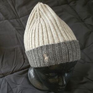 Polo by Ralph Lauren Silver and Gray Ribbed Beanie Knit Hat